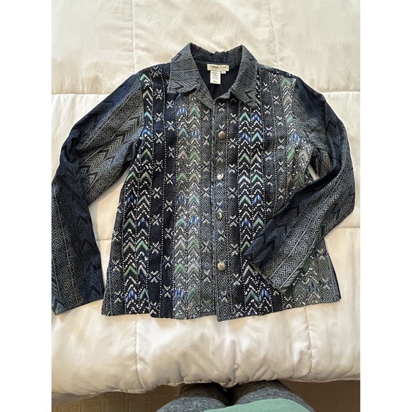 Coldwater Creek Denim Aztec Embroidered Beaded Jacket southwestern - Picture 1 of 8